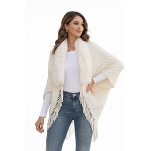 Olivero Faux Fur Collar Cocoon Cream Cardigan Fringe Ivory L/XL
